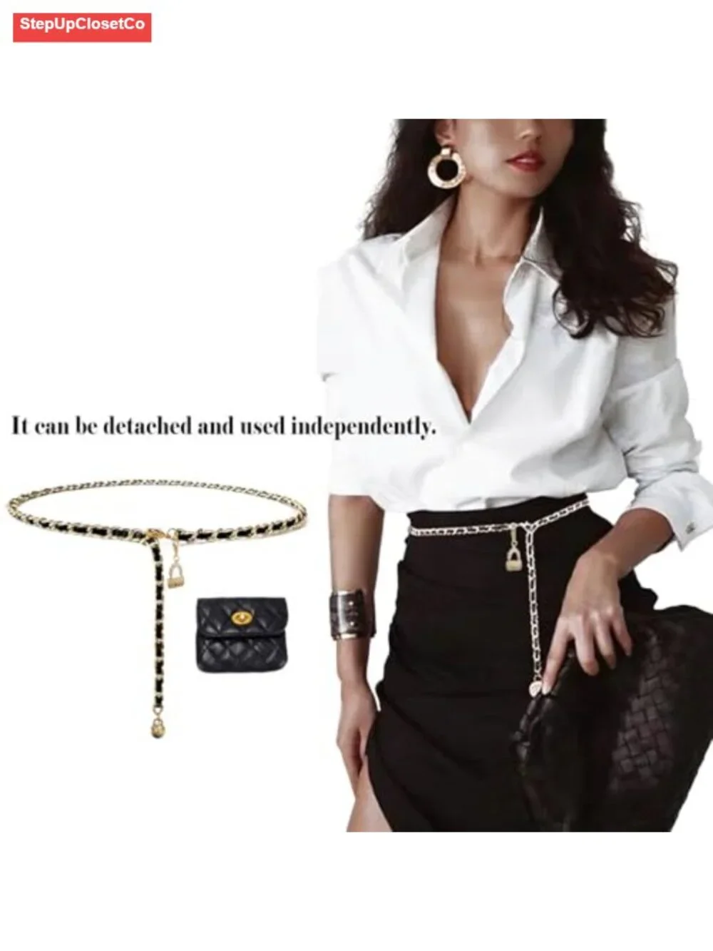 Women's Chain Belt with Detachable Pouch, Metal & PU Leather Braided Waist